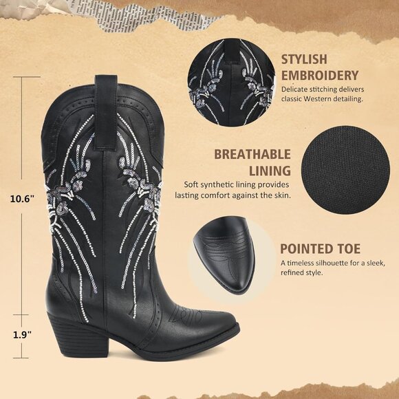 Women's Black Mid Calf Western Pointed Toe Embroidered Chunky Heel Cowgirl Boots - Picture 4 of 6